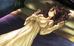  1girl bed breasts cz-t highres large_breasts long_hair lying maou_(maoyuu) maoyuu_maou_yuusha nail_polish nightgown on_back pink_eyes red_eyes redhead solo 
