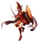  1girl alternate_costume armor boots cape greaves green_eyes helmet league_of_legends leg_armor leona_(league_of_legends) long_hair orange_hair perzeusblade shield simple_background solo sword weapon white_background 