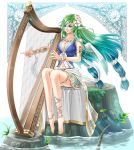  1girl angel_wings ankle_lace-up anklet armlet bare_legs barefoot blue_eyes blue_hair bracelet cross-laced_footwear dress flower gradient_hair green_hair hair_flower hair_ornament harp hikaru_kikaku_(duststar) instrument jewelry light_particles long_hair midriff multicolored_hair nature navel necklace original playing_instrument sitting skirt tied_hair tree_stump very_long_hair water wings 