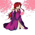  1girl bad_id cherry_blossoms flute hachi_(8bit_canvas) instrument japanese_clothes kimono kotohime long_hair red_eyes redhead solo touhou touhou_(pc-98) wide_sleeves wink 