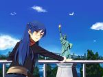  1girl arm_support belt bespectacled bird blue_hair brown_hair clouds fur_trim glasses idolmaster jacket jeans kisaragi_chihaya long_hair looking_back open_mouth railing skyline solo statue_of_liberty teru_(grafroller) tree water 
