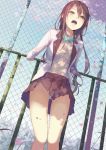  1girl bow brown_hair chain-link_fence cityscape dutch_angle fence la-na legs open_mouth original panties pantyshot petals school_uniform skirt solo underwear yellow_eyes 