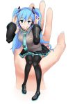  1girl alternate_hair_color black_legwear blue_hair detached_sleeves green_eyes hands hatsune_miku highres long_sleeves minigirl necktie rollingm sitting_on_hand tagme thigh-highs vocaloid 