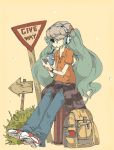  1girl backpack bag drinking green_eyes green_hair hat hatsune_miku headphones long_hair shoes sitting solo straw twintails very_long_hair vocaloid watch yamamoto_(30090) 