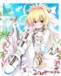  1girl ahoge blonde_hair blush bodysuit chain fate/extra_ccc fate_(series) flower green_eyes lily_(flower) lock padlock saber_bride solo veil yude zipper 