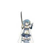  1girl animated animated_gif armband armpits blue_eyes blue_hair cape fencing gloves hair_ornament hairclip hangaku highres magical_girl mahou_shoujo_madoka_magica mahou_shoujo_madoka_magica_movie miki_sayaka open_mouth parody short_hair simple_background solo soul_gem sword team_fortress_2 thigh-highs weapon white_background zettai_ryouiki 
