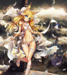  1girl animal_ears armlet blonde_hair blue_eyes bracelet feathers fox_ears glycyrrhizae jewelry long_hair navel original sandals smile solo thigh_strap 