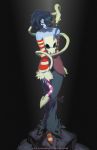  1girl bare_shoulders blue_hair blue_skin detached_sleeves hair_over_one_eye highres jeffrey_cruz leviathan_(skullgirls) long_hair long_skirt red_eyes side_ponytail signature skirt skull skullgirls solo squigly_(skullgirls) stitched_mouth striped striped_legwear striped_sleeves watermark web_address zombie 