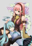  2girls aqua_hair detached_sleeves green_eyes hatsune_miku headphones lap_pillow long_hair megurine_luka multiple_girls necktie pink_hair roillingm sitting skirt thigh-highs twintails vocaloid 