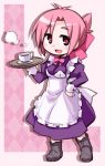  1girl :d amatsuka_megumi_(gj-bu) apron argyle boots bow chibi cup dress gj-bu hair_bow hand_on_hip kugelschreiber maid open_mouth pink_eyes pink_hair saucer short_hair smile solo standing teacup tray 
