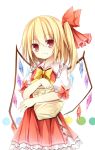  1girl :t bag blonde_hair bow eating flandre_scarlet no_hat no_headwear redhead short_hair side_ponytail skirt skirt_set solo touhou wings yuuhagi_(amaretto-no-natsu) 