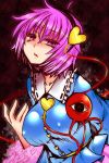  1girl ahoge breasts bust eyebrows hairband heart highres impossible_clothes impossible_shirt komeiji_satori open_mouth pink_eyes pink_hair roki_(hirokix) short_hair solo third_eye touhou 