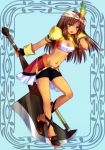  1girl axe bad_id bike_shorts black_shorts breasts brown_hair cleavage female final_fantasy final_fantasy_ix full_body gloves green_eyes hand_in_hair headband headwear holding holding_weapon lani long_hair medium_breasts midriff minatosaiga multicolored multicolored_clothes open_mouth puffy_short_sleeves puffy_sleeves shoes shorts solo weapon 