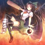  1girl arm_cannon black_hair black_legwear black_wings bow breasts cape hair_bow kohaku. large_breasts long_hair looking_at_viewer mismatched_footwear red_eyes reiuji_utsuho skirt smile solo thigh-highs touhou weapon wings 