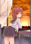  1girl braid brown_eyes brown_hair desk from_behind looking_back natsuki_shuri original school_uniform skirt smile solo sunset window 
