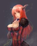  1girl argyle breasts choker cleavage finger_to_mouth fur_trim hand_on_own_chest horns lalan_fengchu large_breasts long_hair maou_(maoyuu) maoyuu_maou_yuusha orange_eyes orange_hair solo 