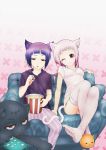  animal_ears animal_slippers cat cat_ears cat_tail controller couch eventh7 feet garter_straps highres hoodie original pajamas panties pink_hair purple_hair red_eyes remote_control short_hair single_shoe t-shirt tail thigh-highs underwear wink 