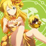  &gt;_&lt; afuu bare_shoulders blonde_hair blowing dress dual_persona green_eyes hat heart heart_hands hoshii_miki idolmaster instrument kouchou long_hair puchimasu! smile sunglasses trumpet wink 