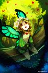  1girl :o blonde_hair butterfly_wings flower full_body hair_flower hair_ornament highres long_sleeves mercedes odin_sphere pointy_ears puffy_long_sleeves puffy_sleeves red_eyes signature sitting solo sushes vertical_stripes watermark web_address wings wreath 