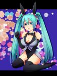  1girl animal_ears aqua_eyes aqua_hair bowtie breasts cleavage collar elbow_gloves fake_animal_ears gloves hatsune_miku high_heels highres kyuutsugi letterboxed long_hair rabbit_ears shoes sitting solo thigh-highs twintails very_long_hair vocaloid wariza 