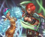  2girls alternate_costume armband ass blue_eyes blue_hair bodysuit breasts cleavage clenched_hands dagger gloves green_eyes grin jewelry kaisa katarina_du_couteau large_breasts league_of_legends long_hair multiple_girls necklace pauldrons popped_collar redhead scar short_hair skin_tight smile spikes sunglasses tattoo thigh_strap vi_(league_of_legends) weapon zipper 