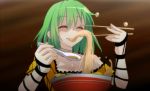  1girl ^_^ bowl breasts bust chopsticks cleavage closed_eyes eating food green_hair hikage_(senran_kagura) noodles ramen senran_kagura short_hair solo soup spoon tori_(minamopa) 