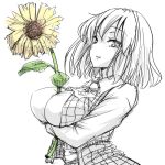  1girl ascot between_breasts breast_hold breasts bust dress_shirt flower kazami_yuuka shirt short_hair skirt smile solo sunflower tori_(minamopa) touhou vest 