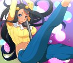  1girl agemono black_hair blue_eyes dahlia_(pokemon) dark_skin hair_bobbles hair_ornament long_hair looking_at_viewer midriff navel_piercing piercing pokemon pokemon_(game) pokemon_dppt smile solo 