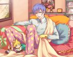  1boy bed blue_eyes blue_hair character_doll hatsune_miku kagamine_len kagamine_rin kaito pajamasp pillow polka_dot reicat0119 solo vocaloid 