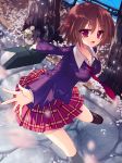  1girl :d bag breasts brown_hair cherry_blossoms dutch_angle fang kiseri_momo necktie open_mouth school_uniform skirt smile tagme violet_eyes 