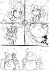  2girls ^_^ ahoge asymmetrical_wings blush bow closed_eyes comic contemporary detached_sleeves fangs hair_bow hair_tubes hakurei_reimu heavy_breathing houjuu_nue ichimi multiple_girls o_o open_mouth pointy_ears scarf scythe shared_scarf shovel silent_comic sketch skirt smile snow snowing snowm touhou umbrella wings worktool 