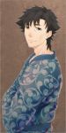  1boy black_hair emiya_kiritsugu facial_hair fate/stay_night fate_(series) japanese_clothes kimono male mihoutao smile solo stubble 