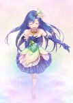  1girl bare_shoulders blue_dress blue_gloves blue_hair closed_eyes dress elbow_gloves flower gloves hair_flower hair_ornament hand_on_own_chest highres idolmaster jewelry kisaragi_chihaya musical_note nanaran necklace open_mouth outstretched_arm singing smile solo sparkle standing strapless_dress 