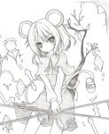  1girl basket branch capelet crystal directional_arrow dowsing_rod jeweled_pagoda monochrome mouse mouse_tail mouth_hold nazrin short_hair skirt solo tail touhou yuuhagi_(amaretto-no-natsu) 