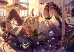  1girl bag between_breasts black_hair book breasts cat classroom desk digital_media_player engrish headphones itsuwa_(lethal-kemomimi) large_breasts long_hair lying on_back open_clothes open_mouth open_shirt original ranguage school_uniform skirt solo striped striped_legwear thigh-highs too_many_cats violet_eyes zettai_ryouiki 