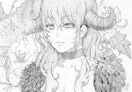  1girl alcoholrang choker dated feathers flower graphite_(medium) highres horns long_hair maou_(maoyuu) maoyuu_maou_yuusha monochrome solo traditional_media 