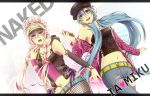  2girls aqua_hair belt blue_eyes braid character_name detached_sleeves domco green_eyes hat hatsune_miku highres ia_(vocaloid) letterboxed long_hair midriff multiple_girls navel open_mouth pink_hair twin_braids twintails very_long_hair visor vocaloid 