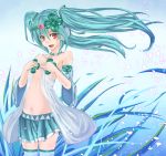  1girl aqua_hair belt clover detached_sleeves floating_hair hatsune_miku headphones highres jewelry long_hair looking_at_viewer navel necklace open_mouth project_diva project_diva_2nd red_eyes skirt solo t_shatsu thigh-highs twintails vocaloid 