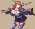  1girl akaga_hirotaka armor breasts brown_background cape fingerless_gloves gauntlets gloves greaves gun hand_on_hip horns large_breasts long_hair looking_at_viewer maou_(maoyuu) maoyuu_maou_yuusha matchlock musket oda_nobunaga open_mouth red_eyes redhead sengoku_taisen simple_background skirt solo thighhighs weapon 