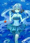  1girl blue_eyes blue_hair bottle_miku bubble catna_(sallysunyxy) collarbone fish hatsune_miku highres long_hair navel open_mouth pantyhose skirt solo submerged tubetop twintails underwater vertical-striped_legwear vertical_stripes very_long_hair vocaloid water 