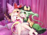  2girls animal_ears bare_legs barefoot bed blonde_hair blush bow cat_ears cat_tail enonimikulen fang flandre_scarlet frills green_eyes green_hair hat hat_bow heart heart_wings komeiji_koishi midriff multiple_girls on_back on_side open_mouth panties pantyshot paw_pose paw_print pillow pink_panties red_eyes short_hair skirt skirt_set smile striped tail touhou underwear wings wink 