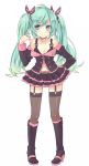  1girl ahoge belt boots garter_straps green_eyes green_hair hatsune_miku high_heels knee_boots long_hair mikippa navel pigeon-toed shoes simple_background skirt solo thigh-highs twintails vocaloid white_background 