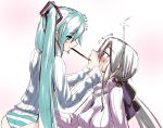  2girls ahoge aqua_eyes aqua_hair blush braid dangan_neko hair_ribbon hatsune_miku headphones long_hair multiple_girls panties pocket_watch ponytail red_eyes ribbon silver_hair striped striped_panties translated twin_braids underwear vocaloid voyakiloid watch yowane_haku yuri 