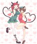  2girls ;d animal_ears ass bare_legs blush bobby_socks bow braid breasts brown_hair cat_ears cat_tail chen extra_ears fang hair_bow hat heart heart_tail hiyosuke_(ak_love) jewelry kaenbyou_rin large_breasts long_hair multiple_girls multiple_tails open_mouth pantyhose paw_pose red_eyes redhead short_hair single_earring smile socks standing_on_one_leg tail touhou twin_braids white_leg_wear wink 