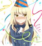  1girl black_okojo blonde_hair blush confetti glasses hat military military_uniform party_hat perrine_h_clostermann solo strike_witches uniform wavy_mouth yellow_eyes 