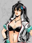  1girl ahoge all_blink black_bra black_hair bra breasts bust eyeshadow flower grey_background hayama_tbk jewelry large_breasts long_hair makeup necklace open_clothes open_shirt phantasy_star phantasy_star_online_2 red_eyes simple_background solo star twintails underwear 