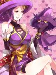  1girl breasts character_request cleavage ghost_tail hair_ornament hat heart mismagius mojya nobunaga_no_yabou pokemon pokemon_+_nobunaga_no_yabou purple_hair red_eyes sitting 
