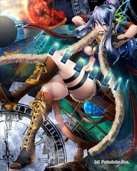  1girl blue_hair boots breasts clock cross-laced_footwear feather_boa heterochromia key long_hair navel original solo thigh_strap yana_(nekoarashi) 