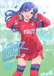  1girl :d birthday blue_hair blush clothed_navel confetti dated fc_internazionale_milano flat_chest hair_flip happy_birthday heart idolmaster inoue_sora kisaragi_chihaya long_hair long_sleeves nike open_mouth red_legwear revision shorts signature smile soccer soccer_uniform solo sweat thigh-highs violet_eyes 