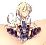  1girl blonde_hair closed_eyes detached_sleeves flat_chest grin indian_style long_hair lowres magister_(bigbakunyuu) original shiratama_liliana short_shorts shorts sitting smile solo striped striped_legwear striped_sleeves very_long_hair 